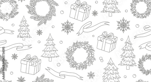 Seamless pattern with hand-drawn Christmas trees, wreaths, gift boxes, snowflakes, and ribbons on a white background, perfect for holiday designs.