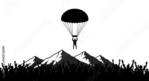 Skydiver Parachuting Over Mountains with Cheering Crowd Silhouette
