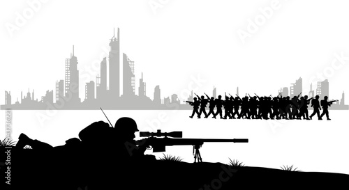 Sniper soldier in silhouette aiming at approaching army against ruined city background