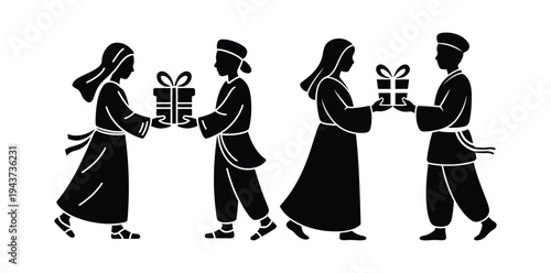Silhouette figures in traditional attire exchanging wrapped gift boxes in black and white