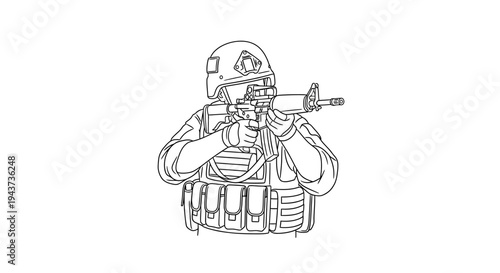 Soldier aiming assault rifle, tactical gear, combat helmet, military action, focused soldier