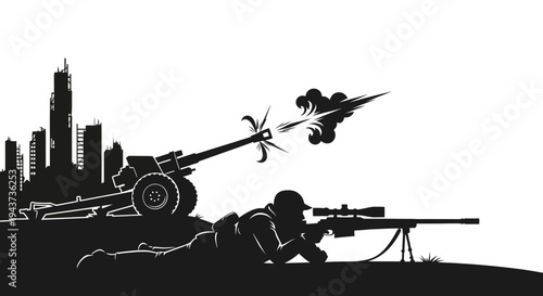 Sniper Soldier and Artillery Gun in Urban Warfare Silhouette