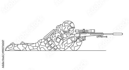 Sniper Soldier Lying Down Aiming Rifle, Military Camouflage, Tactical Gear, Outline Illustration