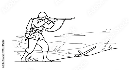 Soldier Aiming Rifle in Battlefield Landscape