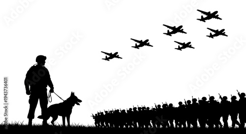 Soldier and Dog Guarding Troops Under Air Force Flyover