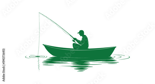 Silhouette of a person fishing from a green boat on calm water with a fishing rod and line