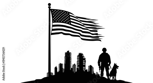 Soldier and Dog Silhouette with American Flag and Cityscape