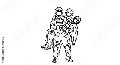 Soldier carrying injured comrade in combat zone, tactical rescue, military teamwork