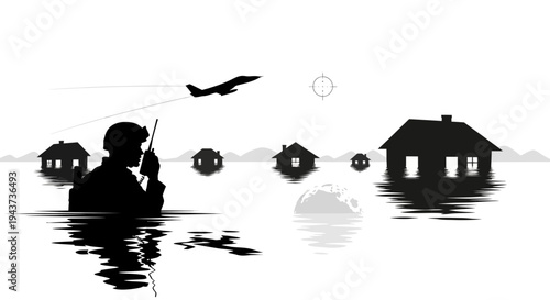 Soldier in floodwaters with jet overhead, flooded houses, global disaster concept