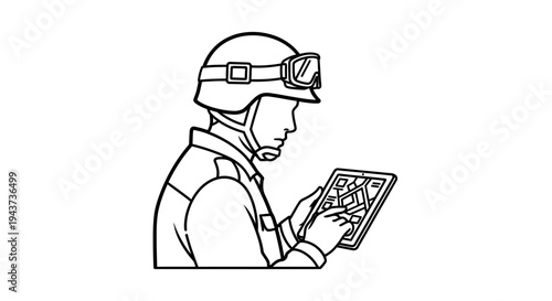 Soldier in helmet with goggles using tablet with map, tactical communication