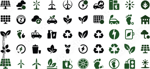 Green energy and ecology icons: solar, wind, leaf, footprint, car, solar panel icon, recycling icon