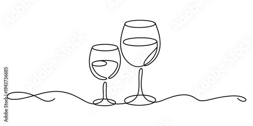 Continuous line drawing of two elegant wine glasses with liquid inside on a horizontal line