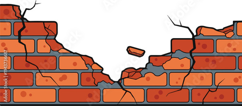 Broken brick wall illustration symbolizing destruction, damage, or a breach in security