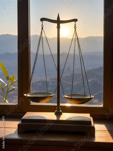 Ancient bronze-colored scales on a wooden stand with sunlight streaming from window in the background.