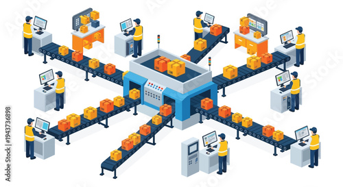 Automated factory with conveyor belts and workers monitoring processes