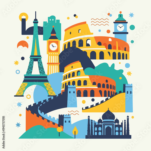 A colorful, geometric collage of famous global landmarks