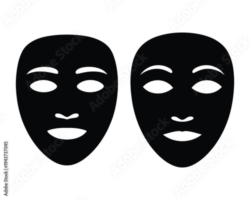 Two black minimalist mask with neutral expressions in monochrome silhouette style white