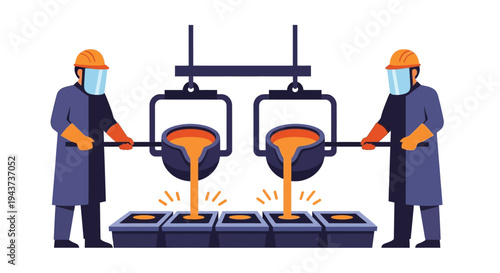 Two workers pouring molten metal into molds on a production line
