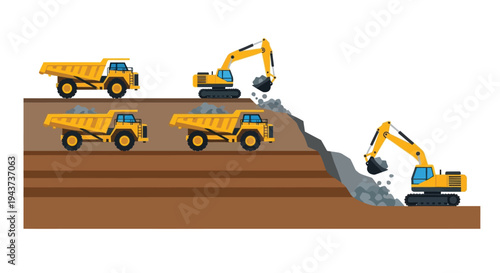 Construction site featuring yellow dump trucks and excavators at work