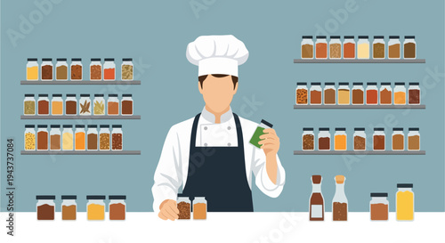Chef stands before shelves stocked with various spice jars and ingredients