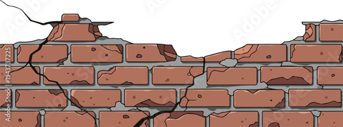 Damaged brick wall with missing chunks and cracks, symbolizing decay or destruction