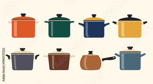 Colorful collection of various pots and pans in a flat design style