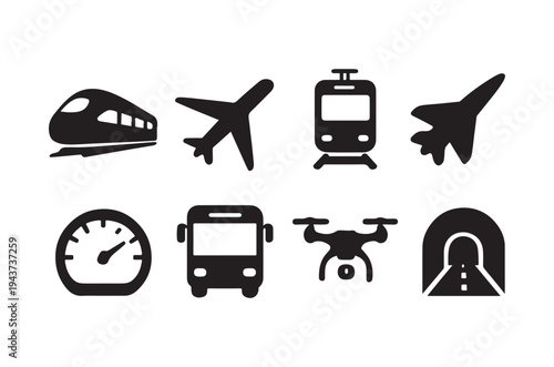 Various transportation icons in a simple black and white design