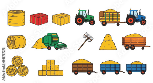 Colorful cartoon illustration of farm equipment and stacked hay bales