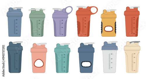 Colorful collection of plastic protein shakers and water bottles arranged neatly