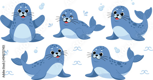 Cute Cartoon Seal Character Set Featuring Adorable Marine Animals Swimming, Playing, and Smiling for Kids, Ocean Wildlife, and Nursery Illustration