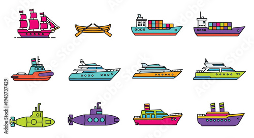 Colorful illustration depicting a variety of different sea vessels and boats