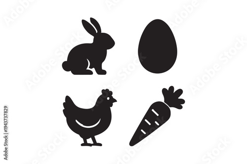 Simple black silhouettes of easter bunny egg chicken and carrot