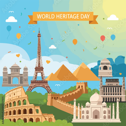 A colorful illustration showcasing iconic world monuments and landmarks
