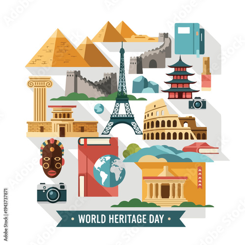 A colorful illustration showcasing landmarks from around the world