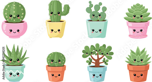 Cute Kawaii Cactus and Succulent Plants in Pots Cartoon Character Set for Kids Nursery, Garden Decor, and Adorable Houseplant Illustration