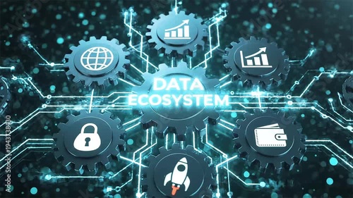 Data ecosystem gears interlocking network global finance security growth rocket launch concept