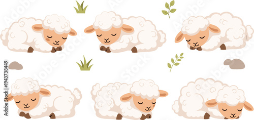 Cute Sleeping Sheep Lamb Cartoon Character Set with Fluffy Farm Animals Resting for Kids Nursery, Baby Shower, Farm Theme, and Children Illustration