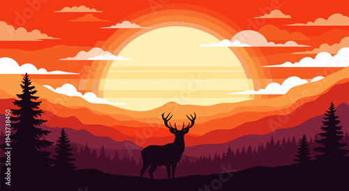 Majestic Deer Silhouette at Sunset A Stunning Vector Illustration with Mountains and Pine Trees