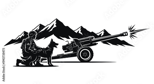 Soldier and Military Dog Beside Artillery Cannon Firing in Mountains