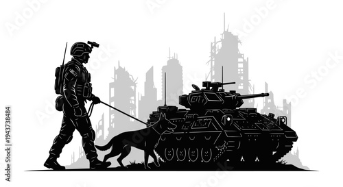 Soldier and Military Dog Patrol Ruined Cityscape with Armored Vehicle