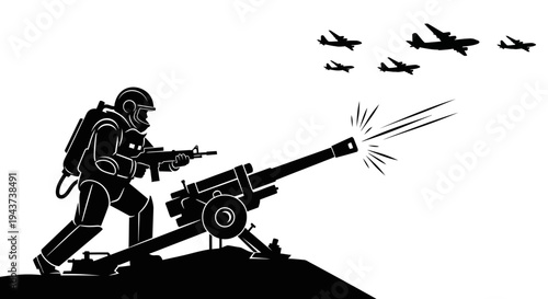 Soldier firing artillery gun at enemy aircraft, military combat scene, war, defense, conflict, aerial attack