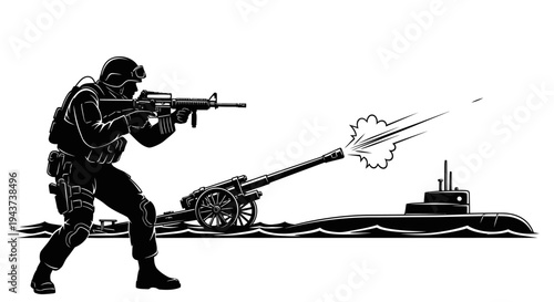 Soldier firing cannon at submarine, military action, war scene, combat, navy battle