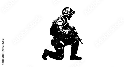 Soldier Kneeling with Rifle, Tactical Gear, Military Action Silhouette