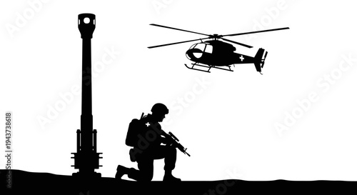 Soldier Kneeling with Rifle, Helicopter Overhead, Military Scene Silhouette