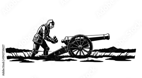Soldier Loading Cannon in Black and White