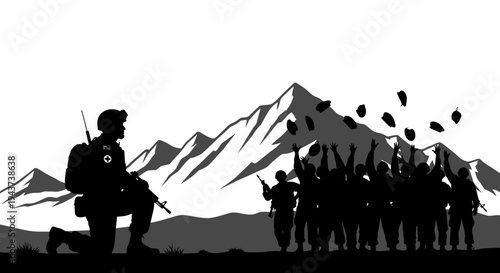 Soldier Kneeling, Troops Celebrating with Grenades in Mountains