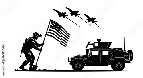 Soldier Planting Flag Beside Humvee with Fighter Jets Flying Overhead