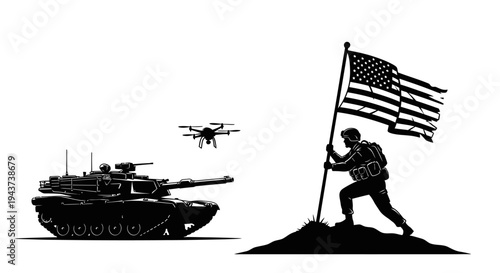 Soldier Planting American Flag on Hilltop with Tank and Drone
