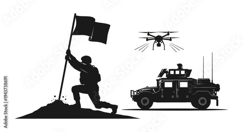 Soldier Planting Flag on Hilltop Near Drone and Military Vehicle