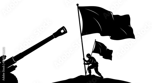 Soldier Planting Flag on Hilltop with Artillery Gun Silhouette